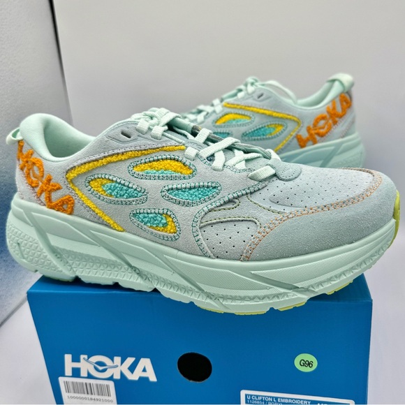 NWT Hoka Clifton Leather Embroidery UNISEX Shoes blue glass radiant yellow NEW - Picture 11 of 16